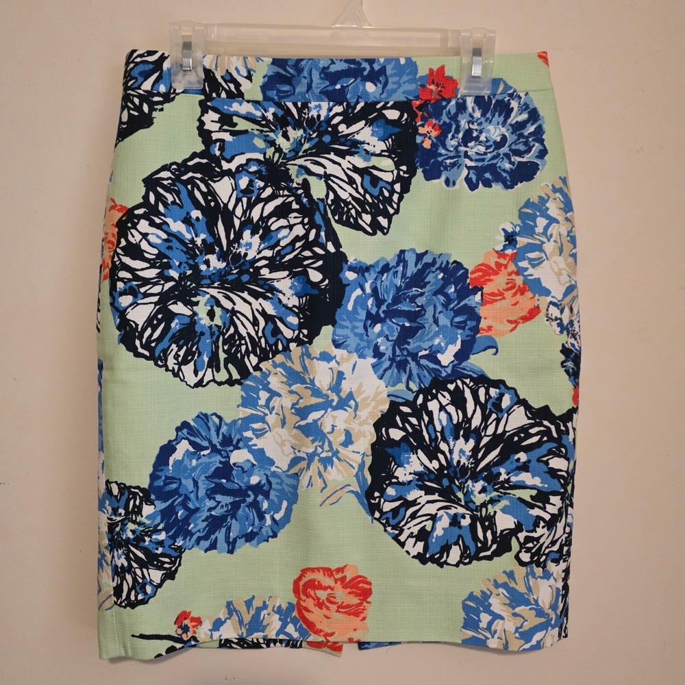 J Crew Womens The Pencil Skirt Floral Size 4 Green Blue Textured Cotton Office